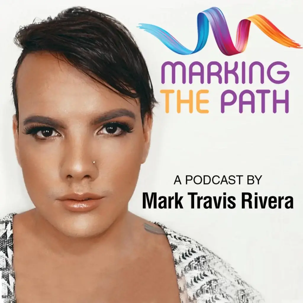 Cover art for the podcast 'Marking the Path' by Mark Travis Rivera. The square image features a portrait of Mark Travis Rivera, a Latinx man with short dark hair and a beard, wearing a dark-colored top. He is smiling warmly with his hands gently clasped together under his chin. The background is a soft, neutral tone. The podcast title, 'Marking the Path,' is displayed in bold, uppercase letters at the top, with a clean and modern font. The design is minimalistic and inviting, reflecting themes of storytelling, guidance, and inspiration.